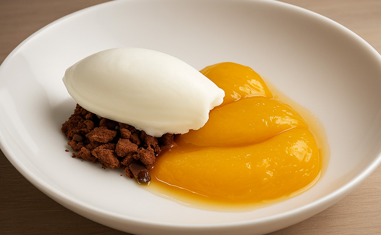 melocotón con almíbar y helado