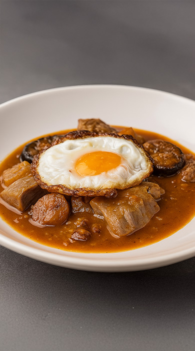 Careta de cerdo guisada con huevo frito