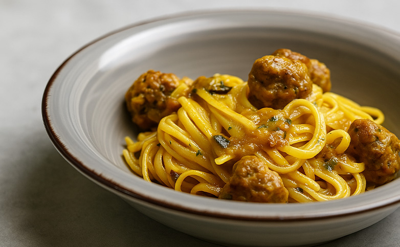 pasta al curry con albóndigas