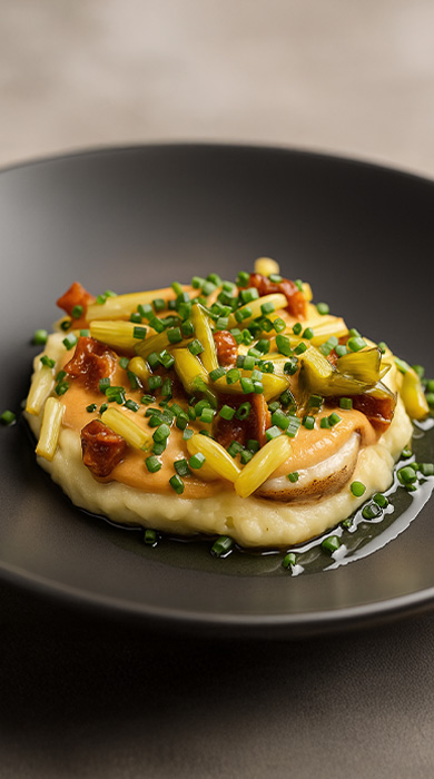 Vieiras con parmentier de patata, salsa de sus corales y ajos tiernos confitados