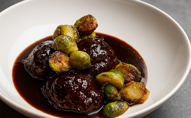 carrilleras ibéricas al vino tinto con coles de bruselas servidas en plato hondo
