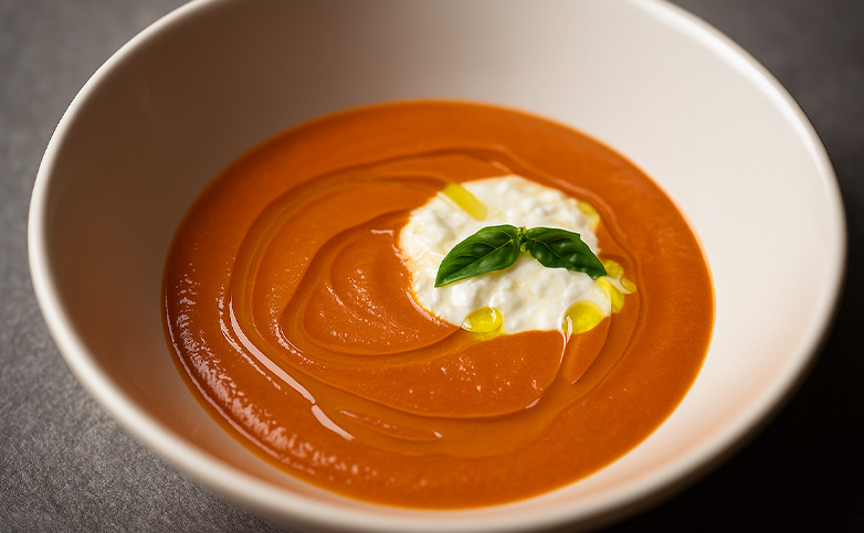 plato veraniego de crema fría de tomate con burrata