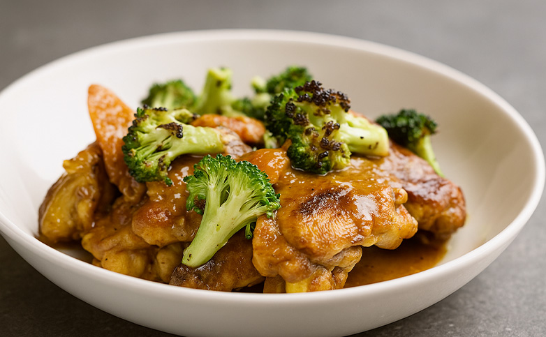 plato de curry de pollo con arroz blanco y brócoli