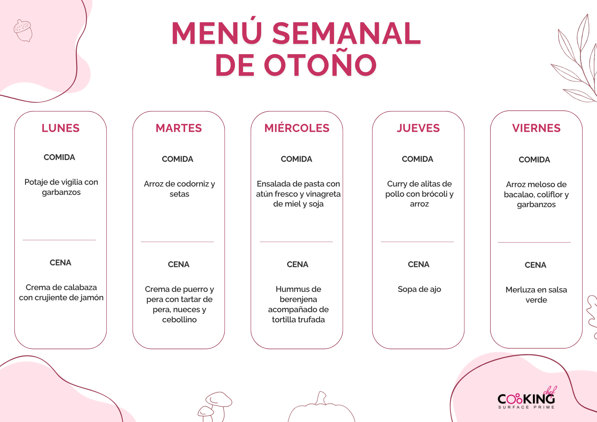 Calendario Menú Semanal de Otoño para toda la familia - Cooking Chef